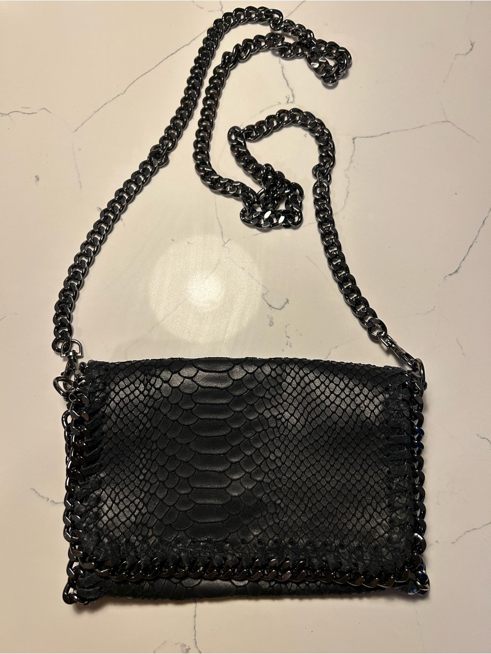 Black Textured Chain-Edge Crossbody Bag Genuine Leather W/ Detachable Strap